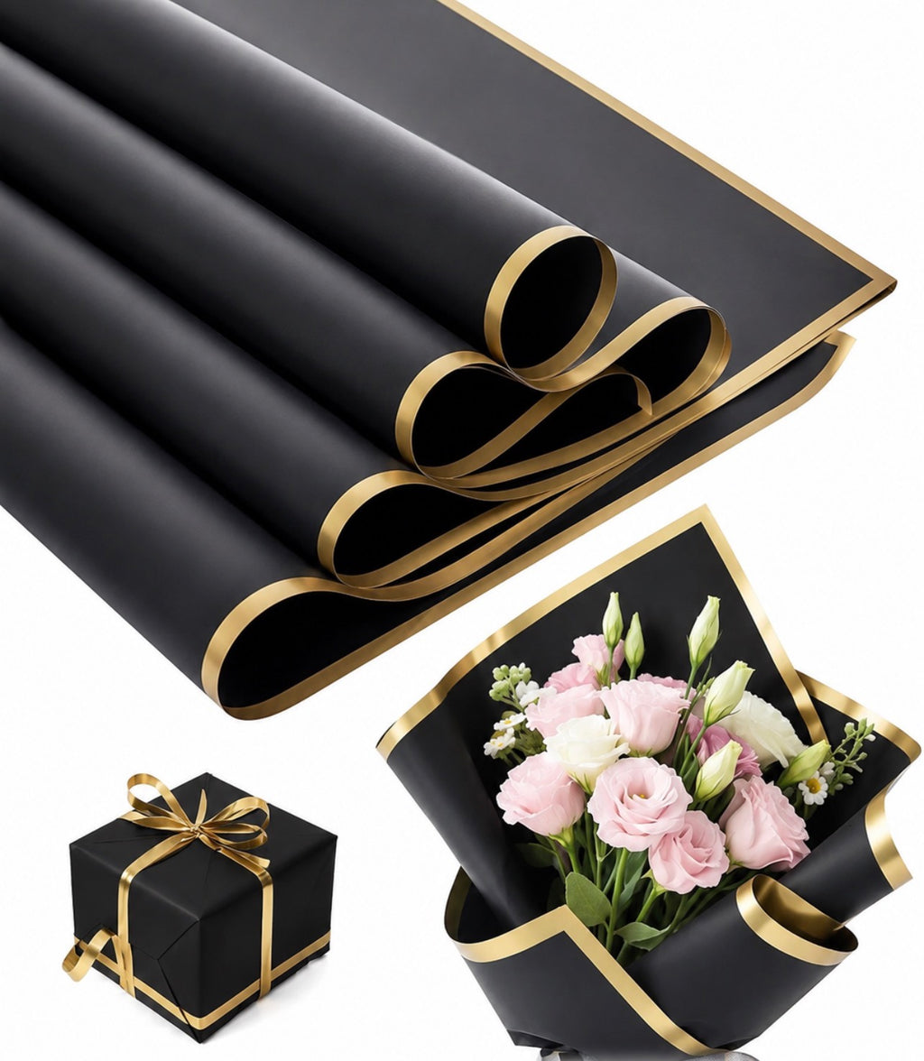 Black Waterproof Wrapping Paper – Gold Edge (20 Sheets)