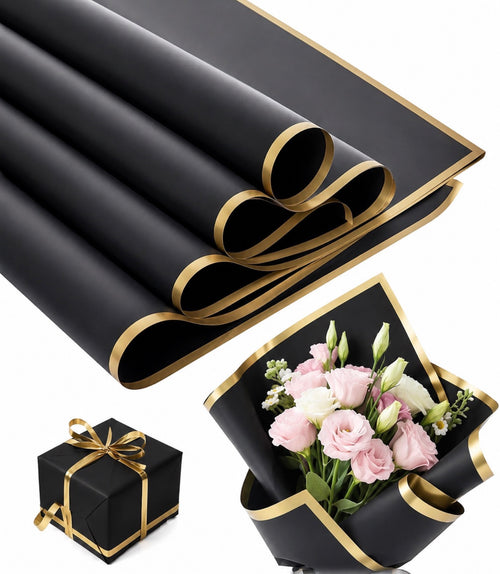Black Waterproof Wrapping Paper – Gold Edge (20 Sheets)