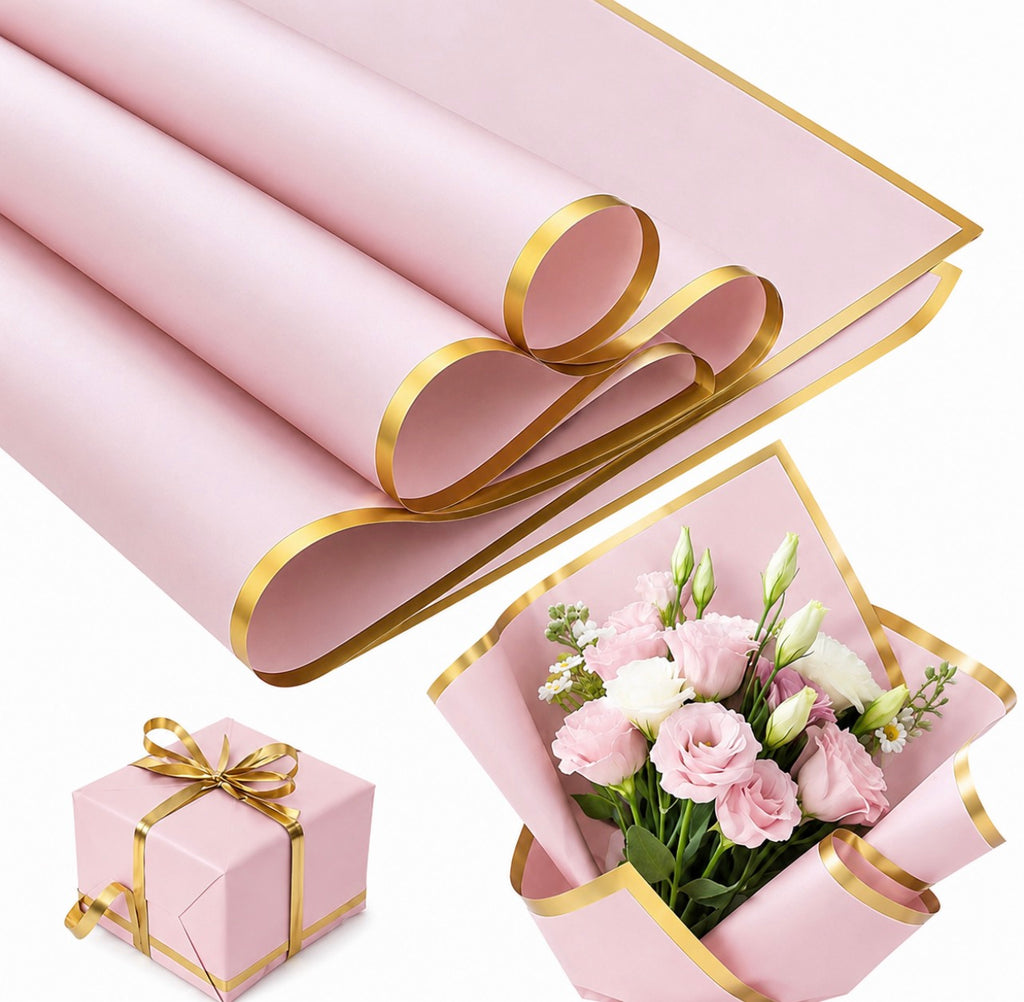 Light Pink Waterproof Wrapping Paper – Gold Edge (20 Sheets)