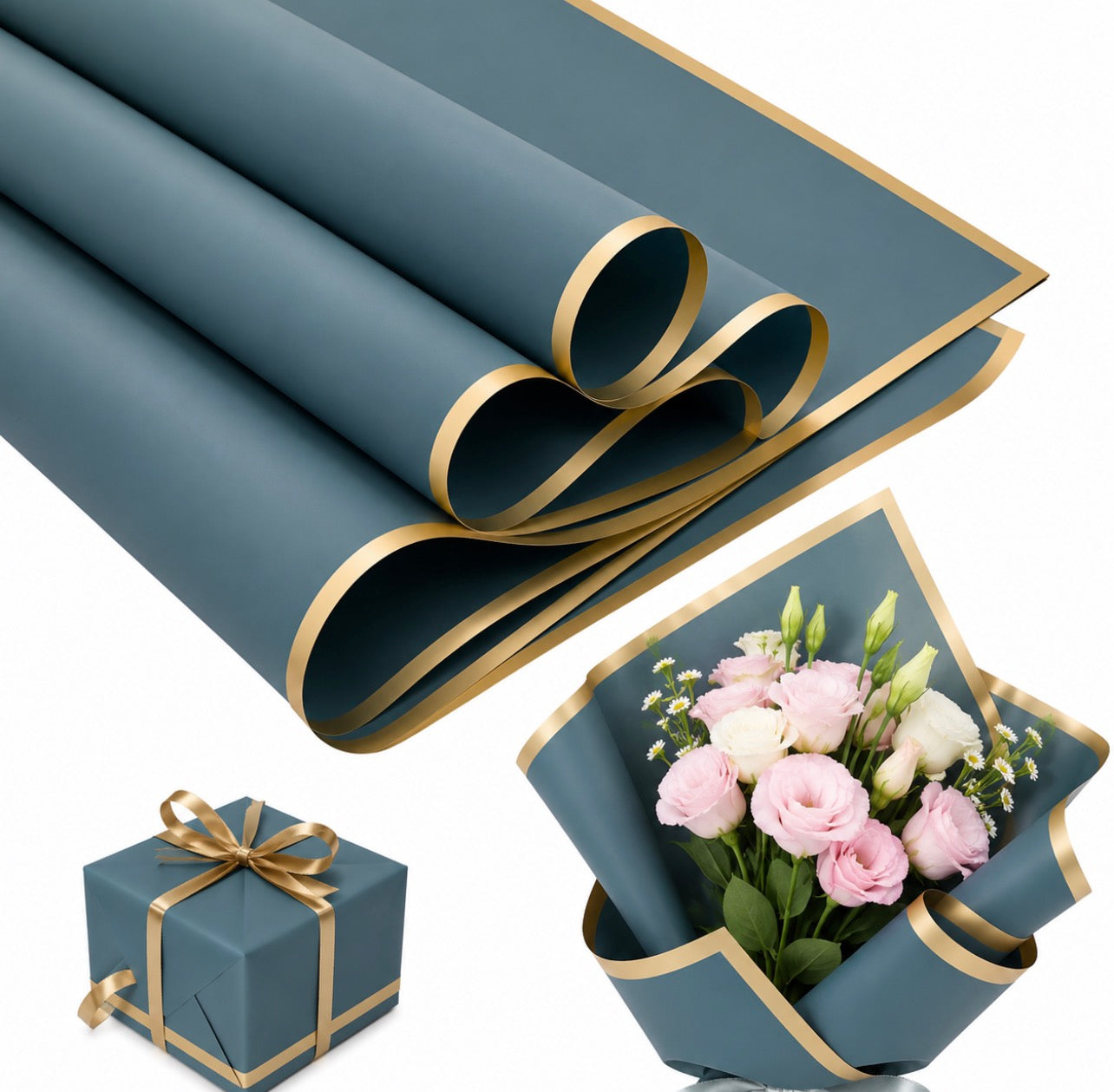 Deep Green Waterproof Wrapping Paper – Gold Edge (20 Sheets)
