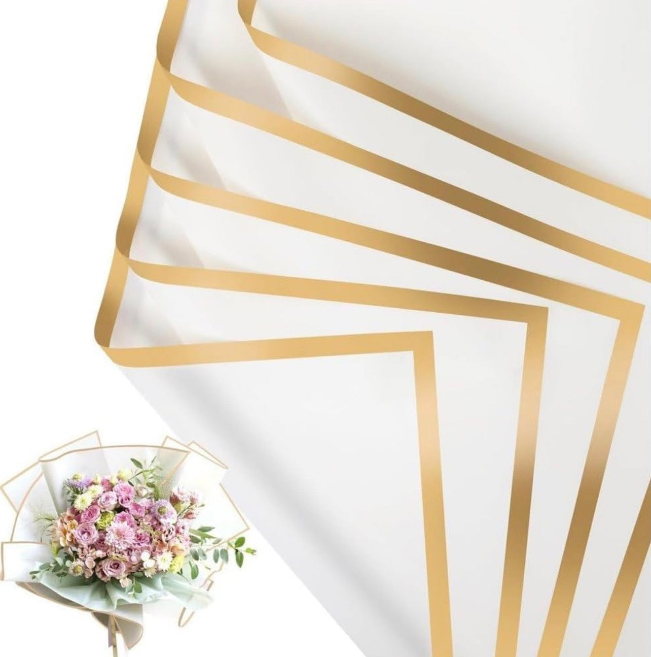 White Waterproof Wrapping Paper – Gold Edge (20 Sheets)